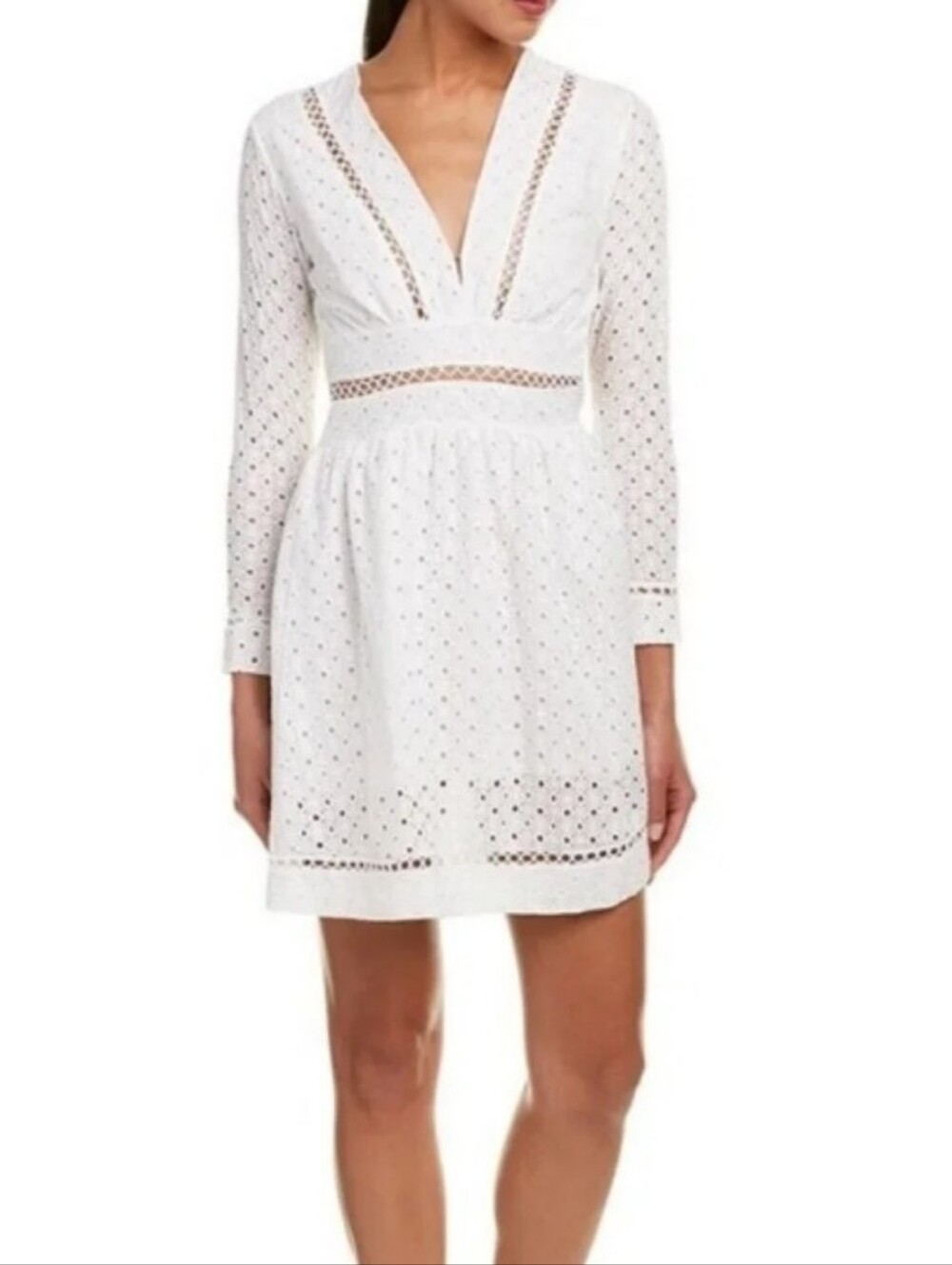 Haute Rogue white eyelet cotton dress with a deep V-neck